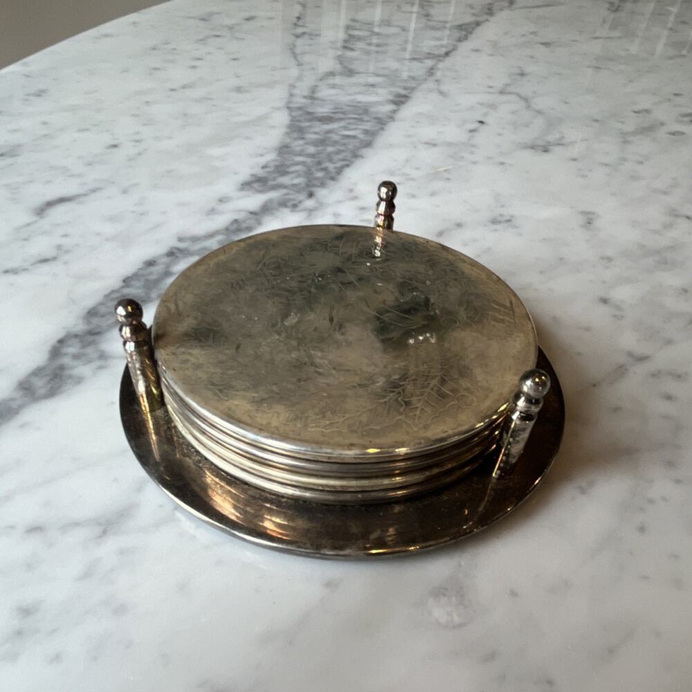 Silver Engraved Metal Round Coaster Set with Holder, Rubber Bottom, 5 Pieces